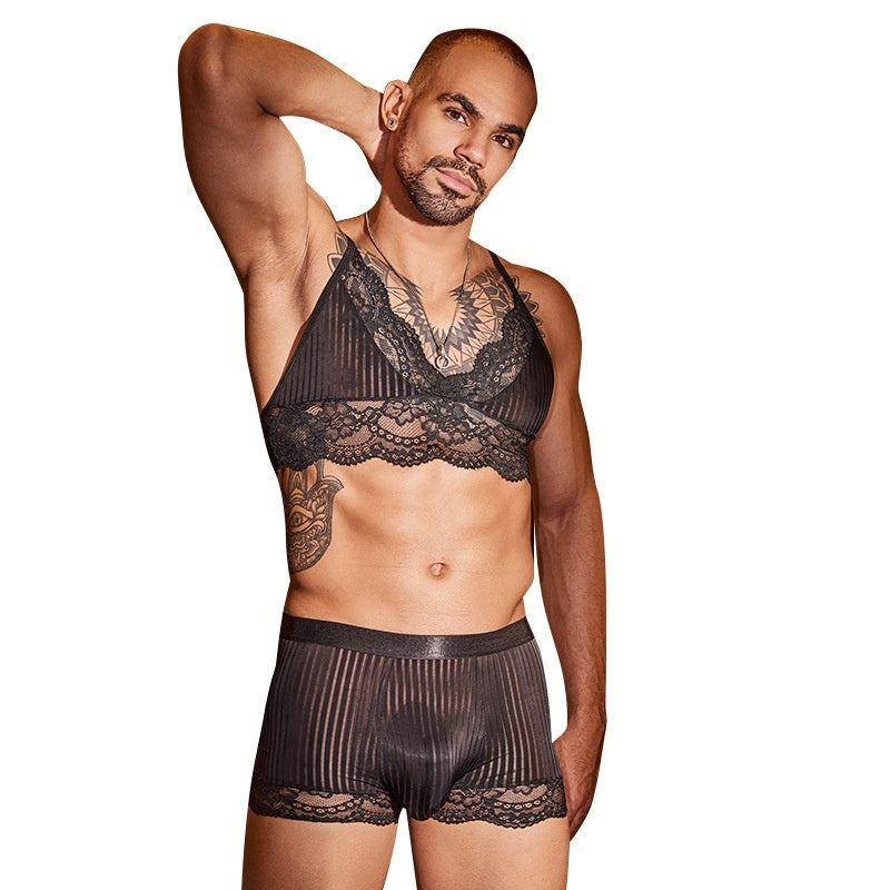 Lace Desire Men’s Striped Bra Set &mdash; Sissy Lingerie