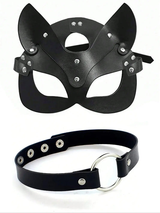 Black faux leather cat mask with silver studs and matching O-ring collar set