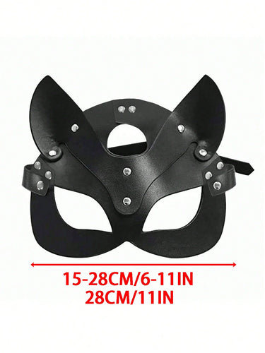 Black faux leather cat mask with pointed ears and silver stud accents front view with measurements. 