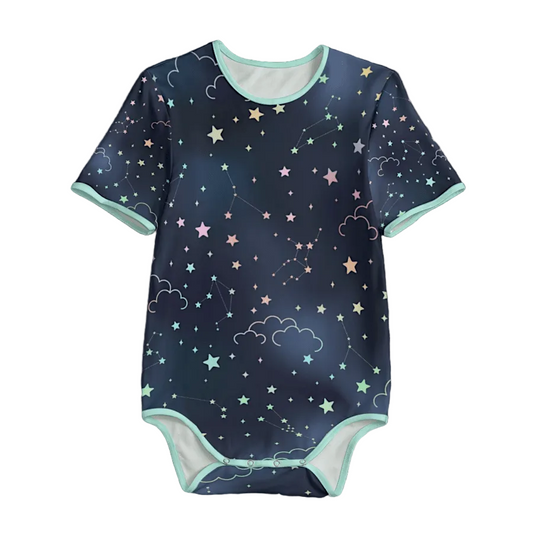 Celestial night print adult onesie bodysuit with star and moon pattern front view on white background.