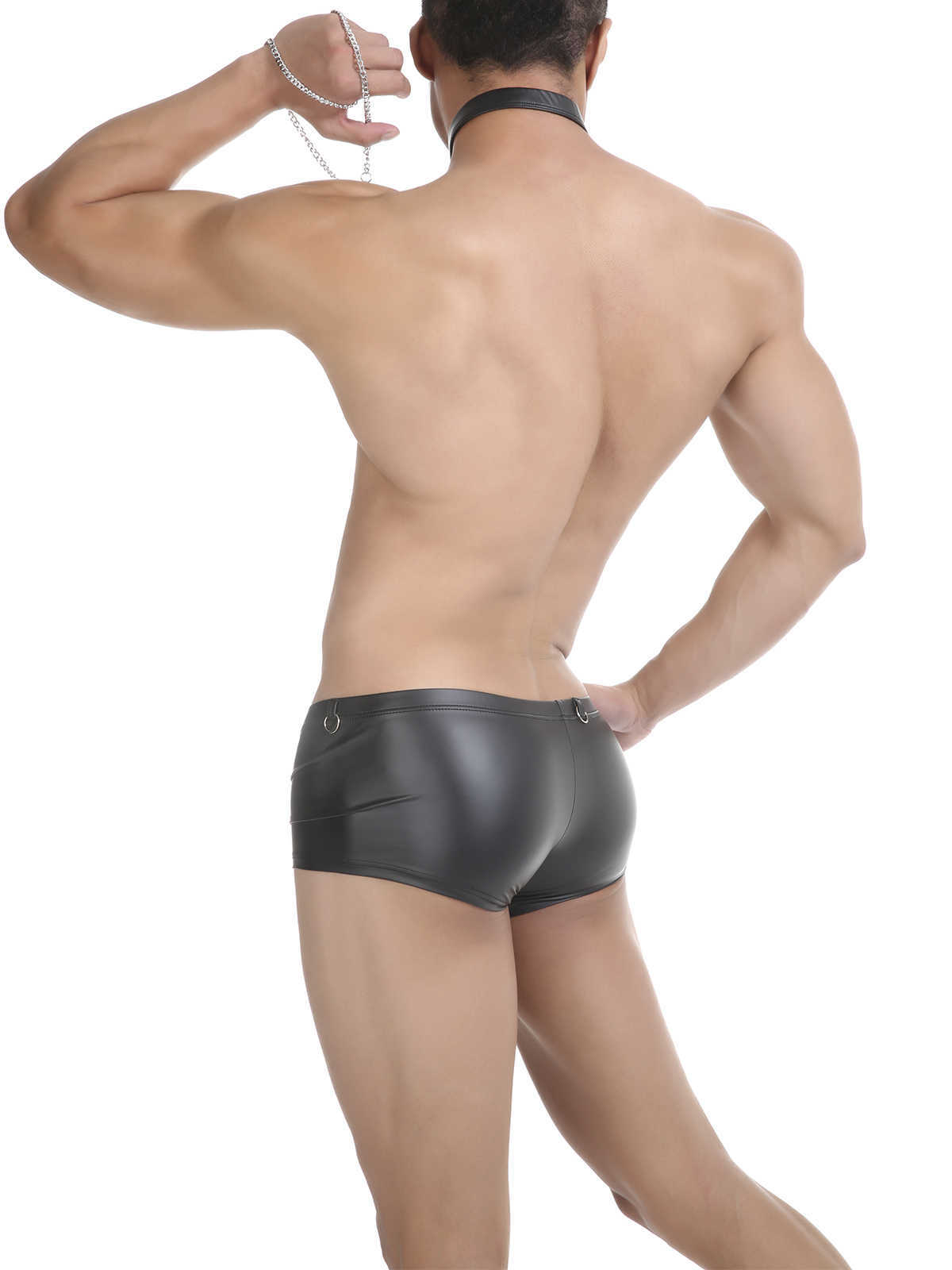 Black pleather cheeky boxer shorts back three-quarter view on male model.