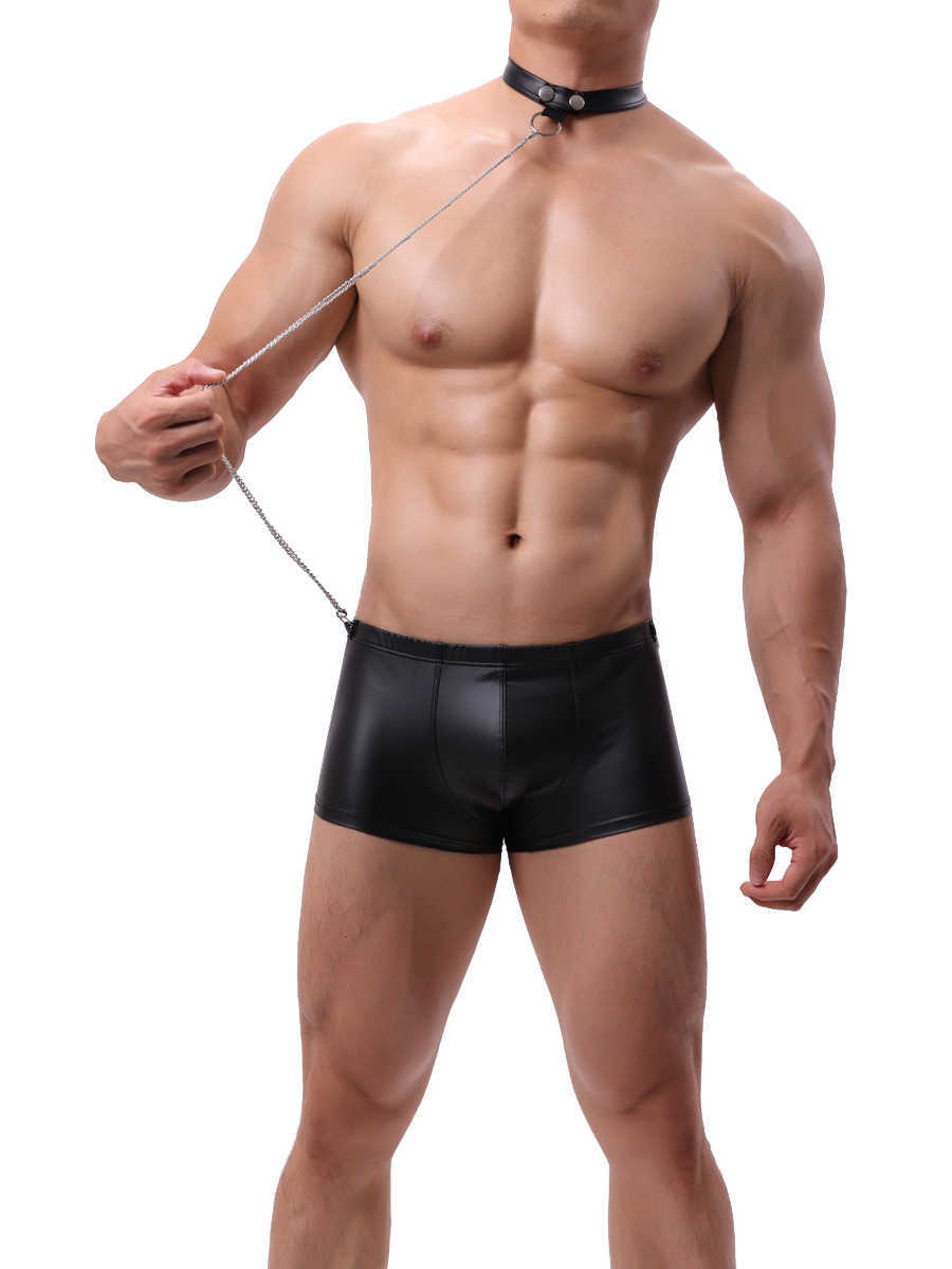 Black pleather cheeky boxer shorts front view on male model.