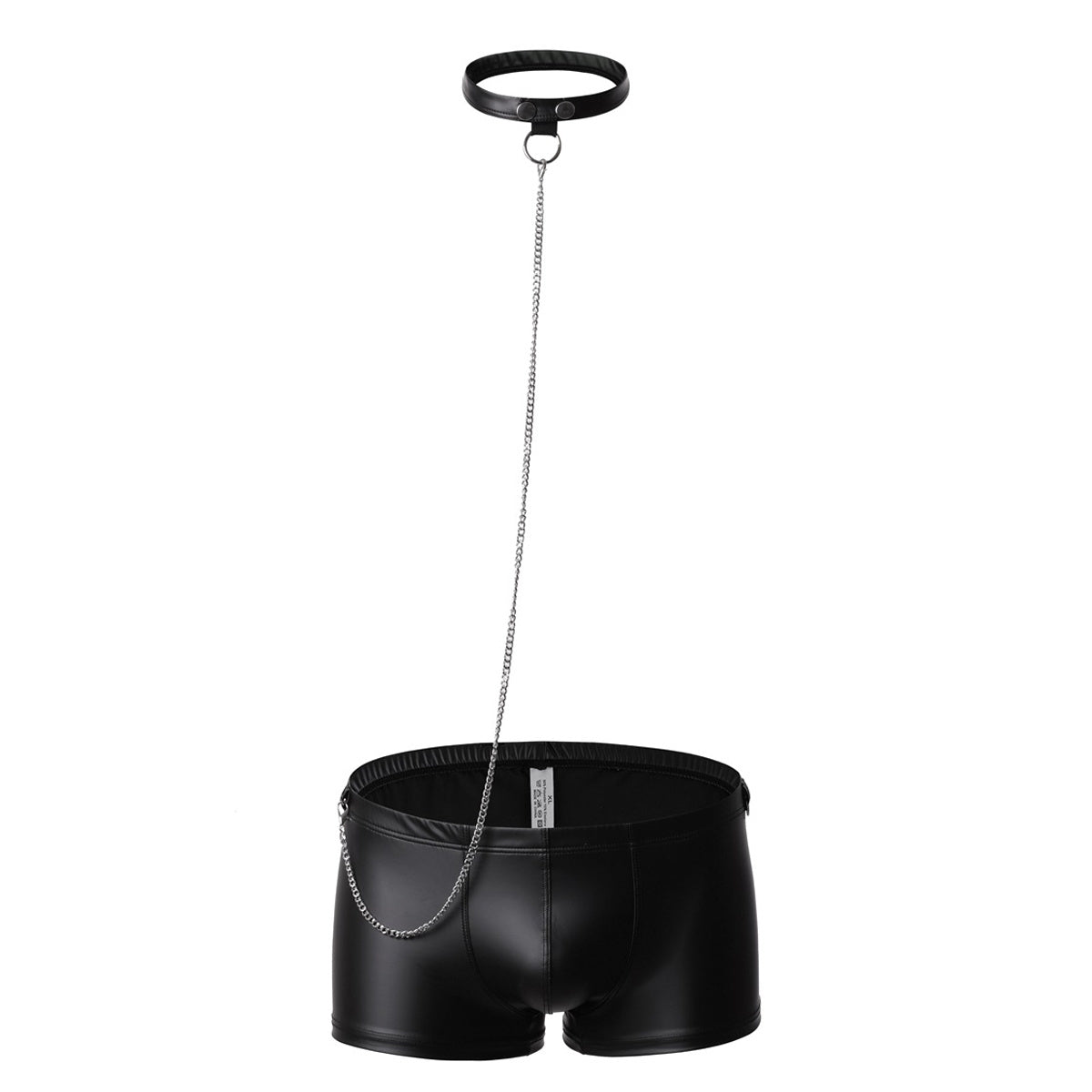 Black pleather boxer shorts with D-ring collar and chain leash product shot on white background.