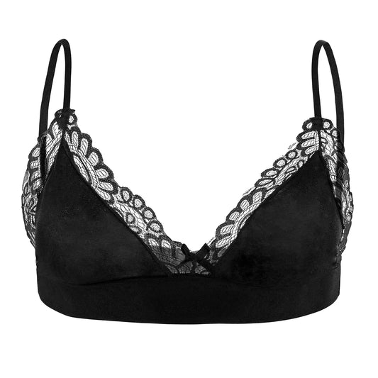 Black satin sissy bra with scalloped lace trim and adjustable spaghetti straps front view.