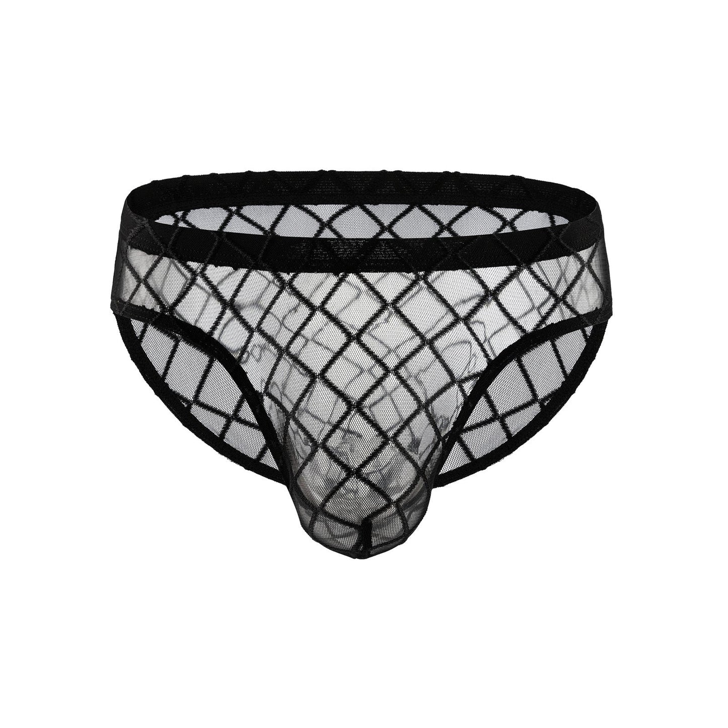 Black mesh fishnet men's briefs front view on white background.
