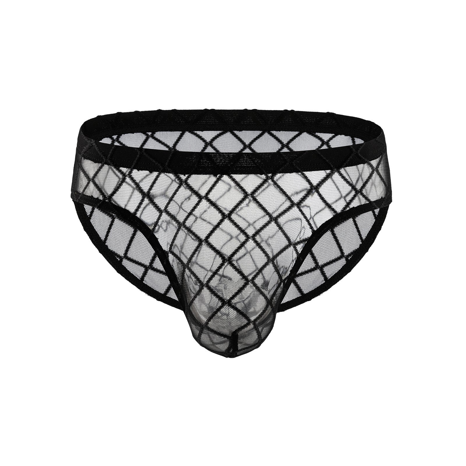 Black mesh fishnet men's briefs front view on white background.