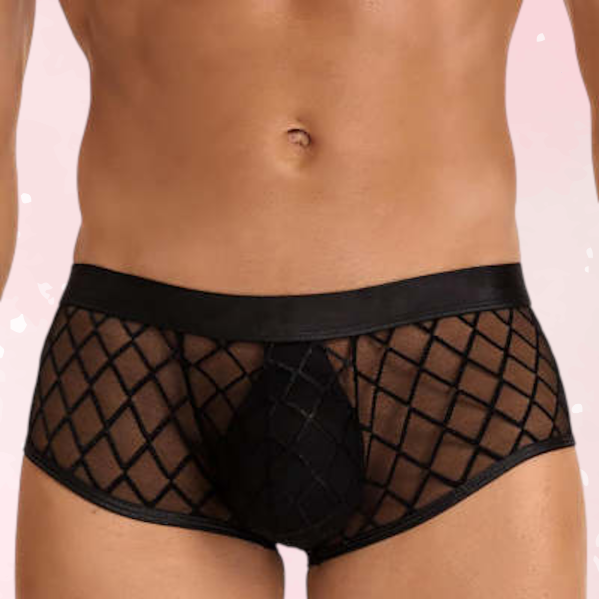 Black mesh fishnet men's briefs front view on male model.