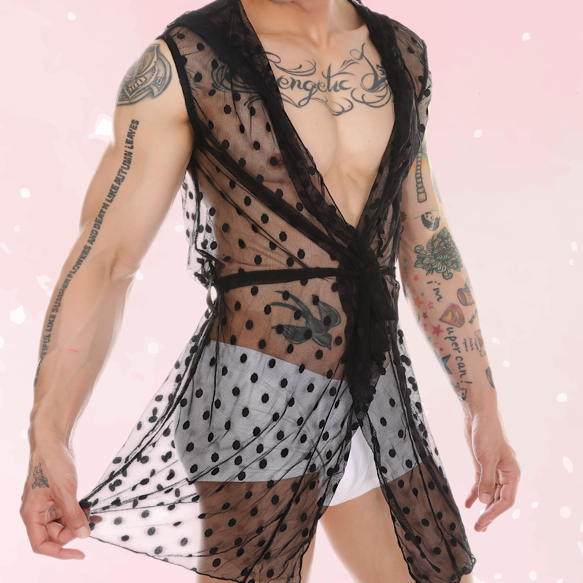 Midnight Whispers Men’s Lace Mesh Bathrobe &mdash; Sissy Lingerie (view 2)