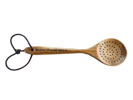 Engraved Wooden Spanking Strainer Spoon with Leather Wrist Strap &mdash; Impact Play
