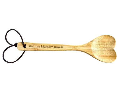 Engraved Bamboo Heart-Shaped Spoon with Leather Wrist Strap &mdash; Impact Play