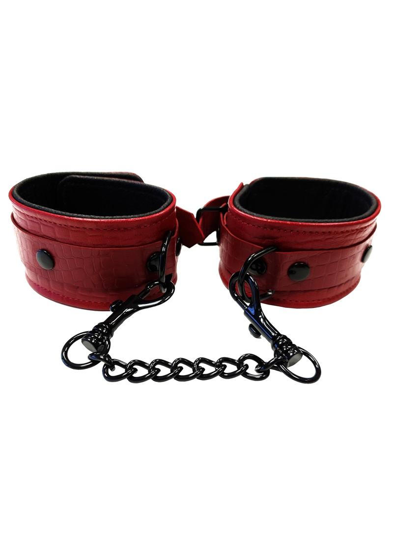Rouge Anaconda Adjustable Leather Wrist Cuffs | Black Burgundy Red &mdash; BDSM Toys